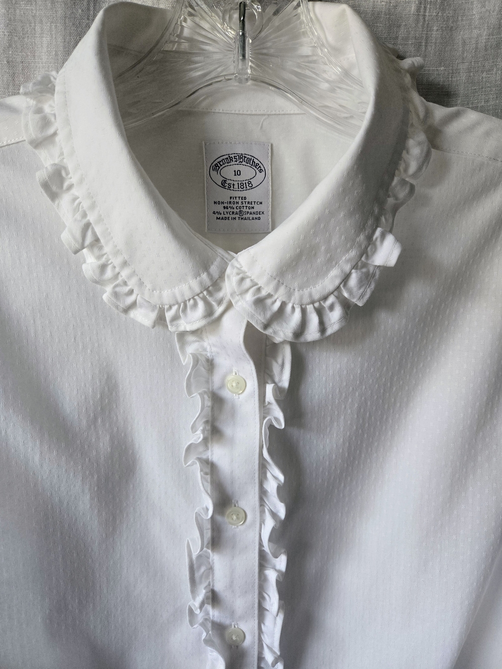 Brooks Brothers Ladies Romantic White Ruffled Peterpan Collar Dress Shirt, 10